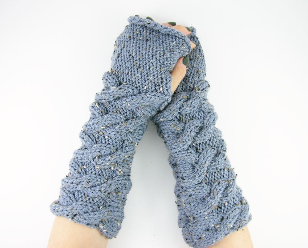 long knit fingerless knit gloves arm warmers fingerless mittens Cable knit light blue tweed women men unisex vegan tagt curationnation