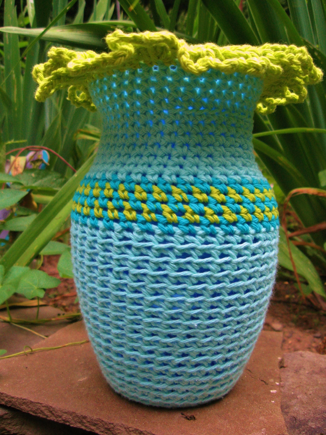 Hand Crocheted Cotton Scalloped Edged Table Lantern with Recycled Glass Vase