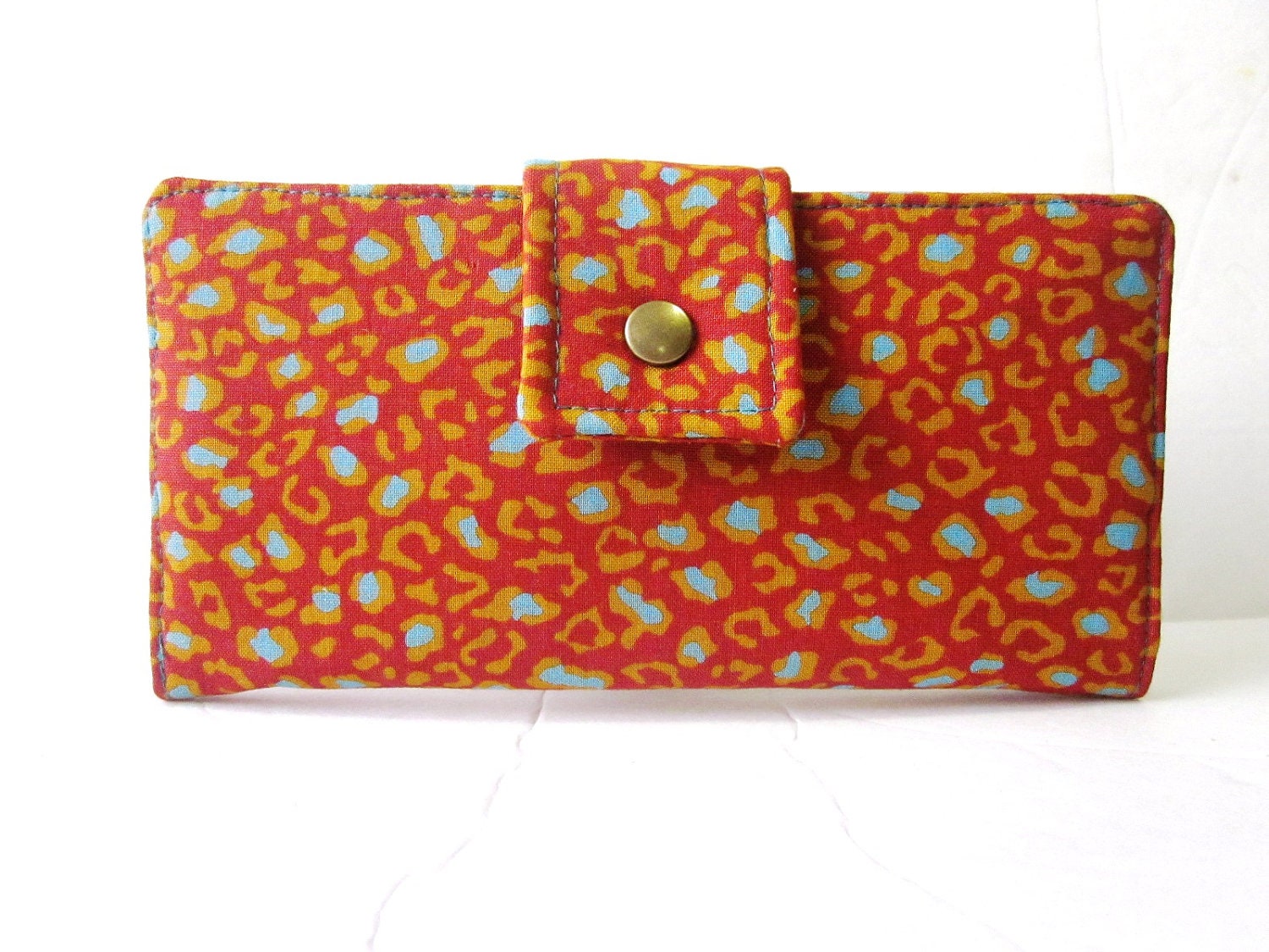 On sale Handmade women wallet ID clear pocket animal print orange and teal, vegan
