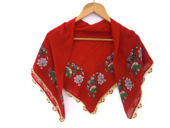 red floral scarf with crocheted edge
