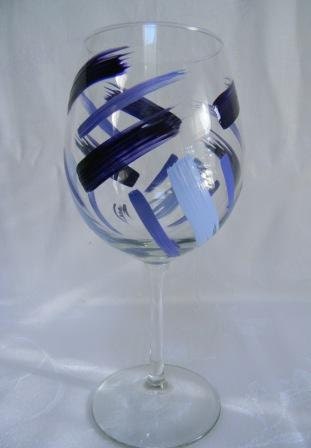 Wine glass hand painted with blue stripes