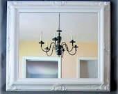 HOLLYWOOD REGENCY FURNITURE Regency Decor Glam Unique Vanity Mirror Bathroom 31"x 27" Large Gloss White Framed Mirror Black Ivory Red Silver