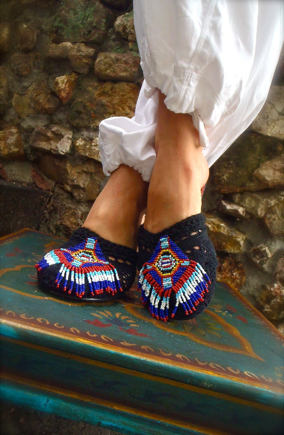 NATIVE Fringe SLIPPERS Flats BLACK Crochet flats tribal boho women size 7 Beaded american indian Cotton slippers
