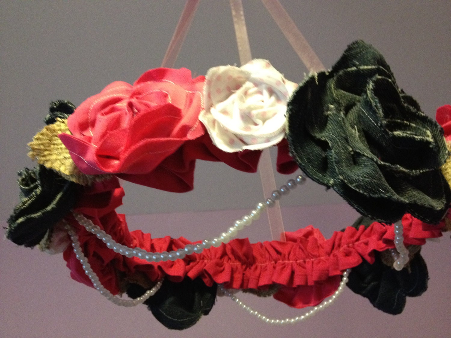 Denim and Pearls Handmade Custom Fabric Flower Chandelier