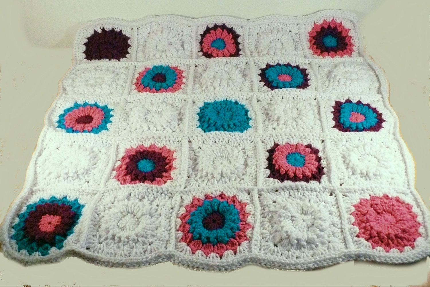 Baby blanket afghan Handmade crochet pink tuquoise and purple flower motif