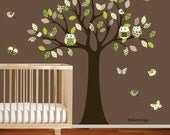 Children wall decal Wall Sticker tree decal - pattern leaf tree - with owls birds butterflies