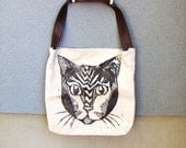 Handmade Cat Tote with Vegan Leather Strap. Woodblock Printed. Made to Order.