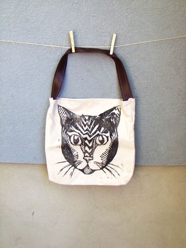 Handmade Cat Tote with Vegan Leather Strap. Woodblock Printed. Made to Order.