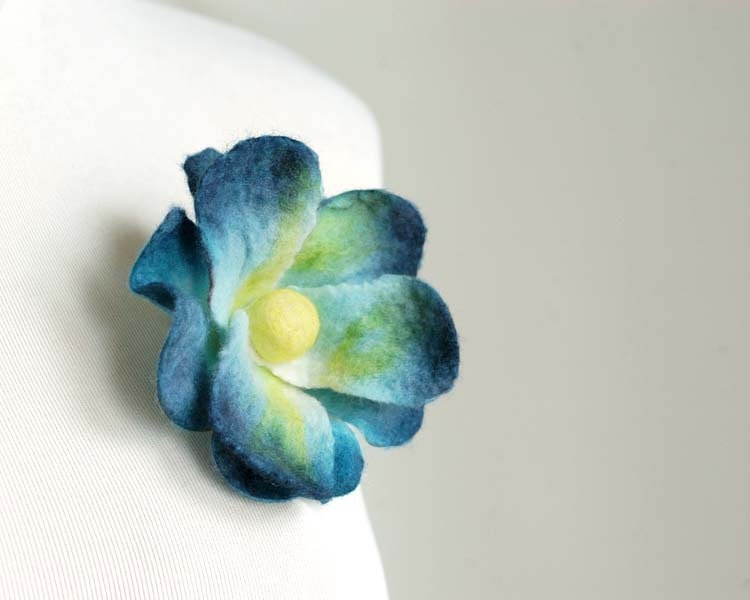 Flower brooch felted pin hand dyed blue purple yellow statement hostess gift for her under 25