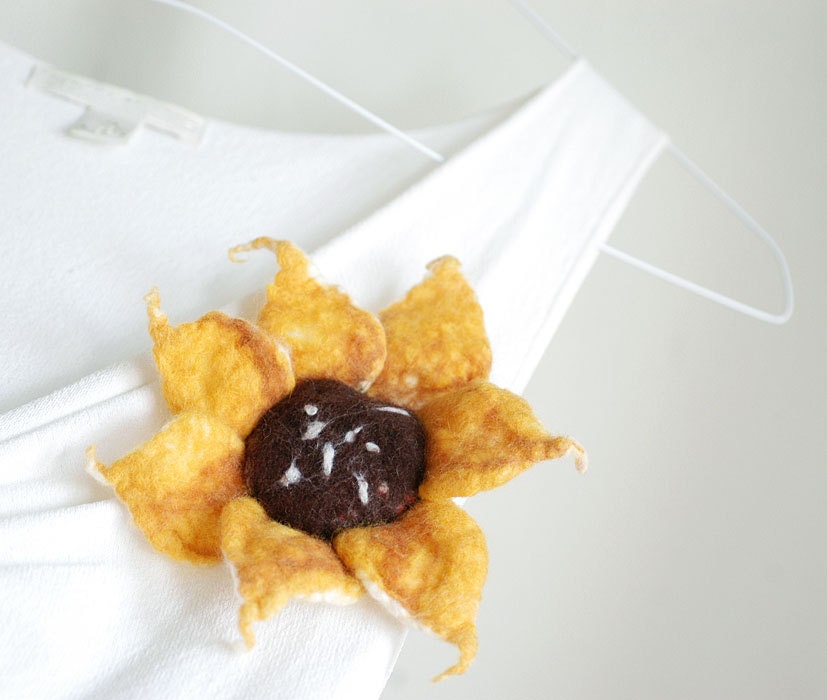 Sunflower felted wool fiber brooch pin in yellow brown - gift for her