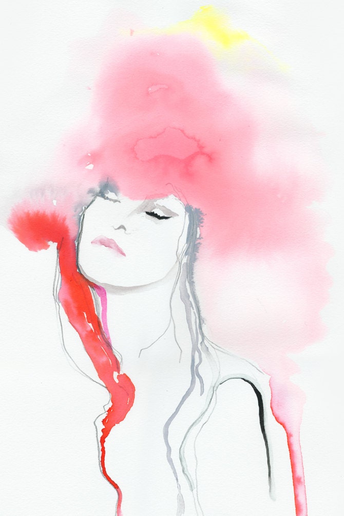 Original Watercolor Painting, Fashion Illustration,Titled: Tahiti Red