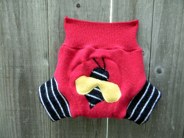 Upcycled Wool/Cashmere Soaker Cover Diaper Cover With Added Doubler Red/Black And White Stripes With Bumblebee Applique SMALL 3-6M