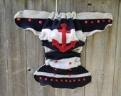 Upcycled Wool  Nappy Cover Diaper Wrap Cloth Diaper Cover One Size Fits Most Nautical Blue/White Stripes With Anchor Applique
