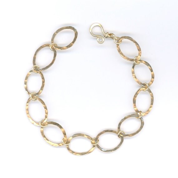 Gold Oval Hammered Bracelet Large Chain Link by WvWorksJewelry