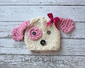Little Knit Puppy Dog Hat for Baby, Adorable Photography Prop, Choose Pink, Blue or Brown