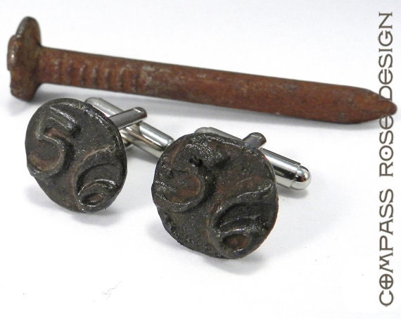 Mens Steampunk Cufflinks Soldered Vintage Brass Railroad 1956 Date Nail Vintage Upcycled Mens Cuff Links by Compass Rose Design