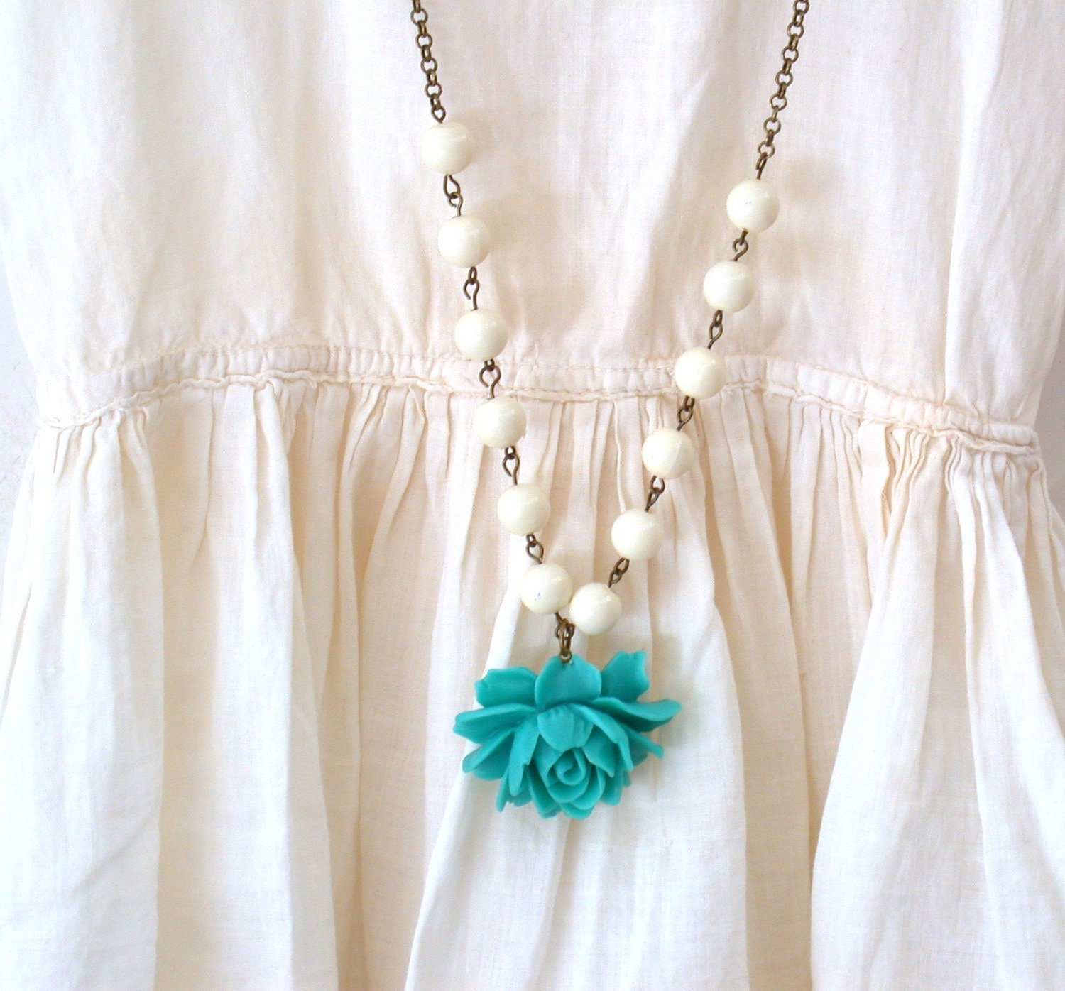 Romantic Rose Charm Necklace In Teal And Off white Vintage Beads