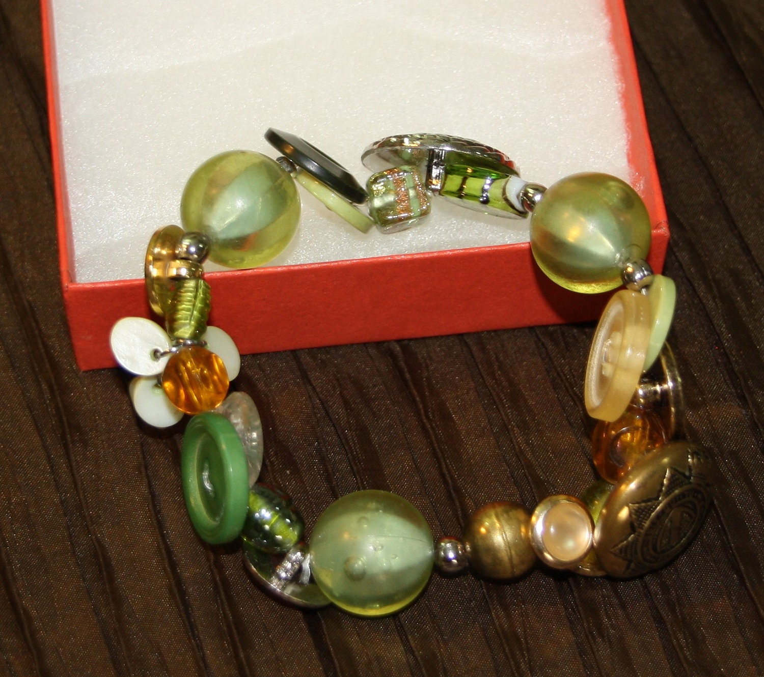 Button charm bracelet, brass, green, amber, bohemian, hippie bracelet