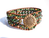 Corn Fields n Sunflowers Leather Cuff Beaded Wrap Bracelet Fancy Jasper