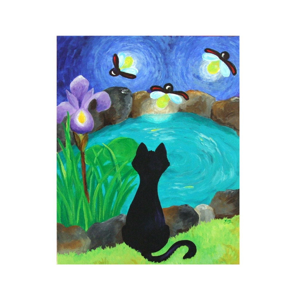 BLACK CAT and FIREFLIES, 16x20 Original Painting Acrylic on Canvas, Whimsical Cat Painting - nJoyArt