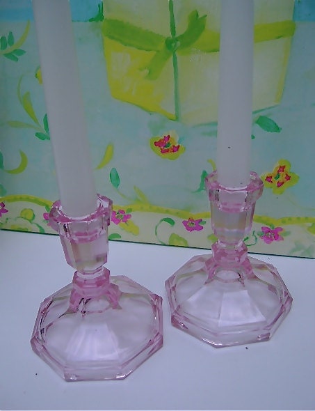 Blush Pink Vintage Octagon Glass Candlesticks
