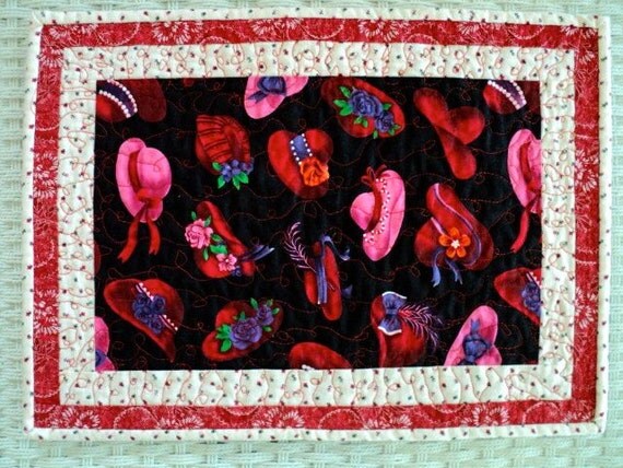 Red Hat Ladies - Quilted Table Topper / Centerpiece - 12-1/2" wide x 17" long