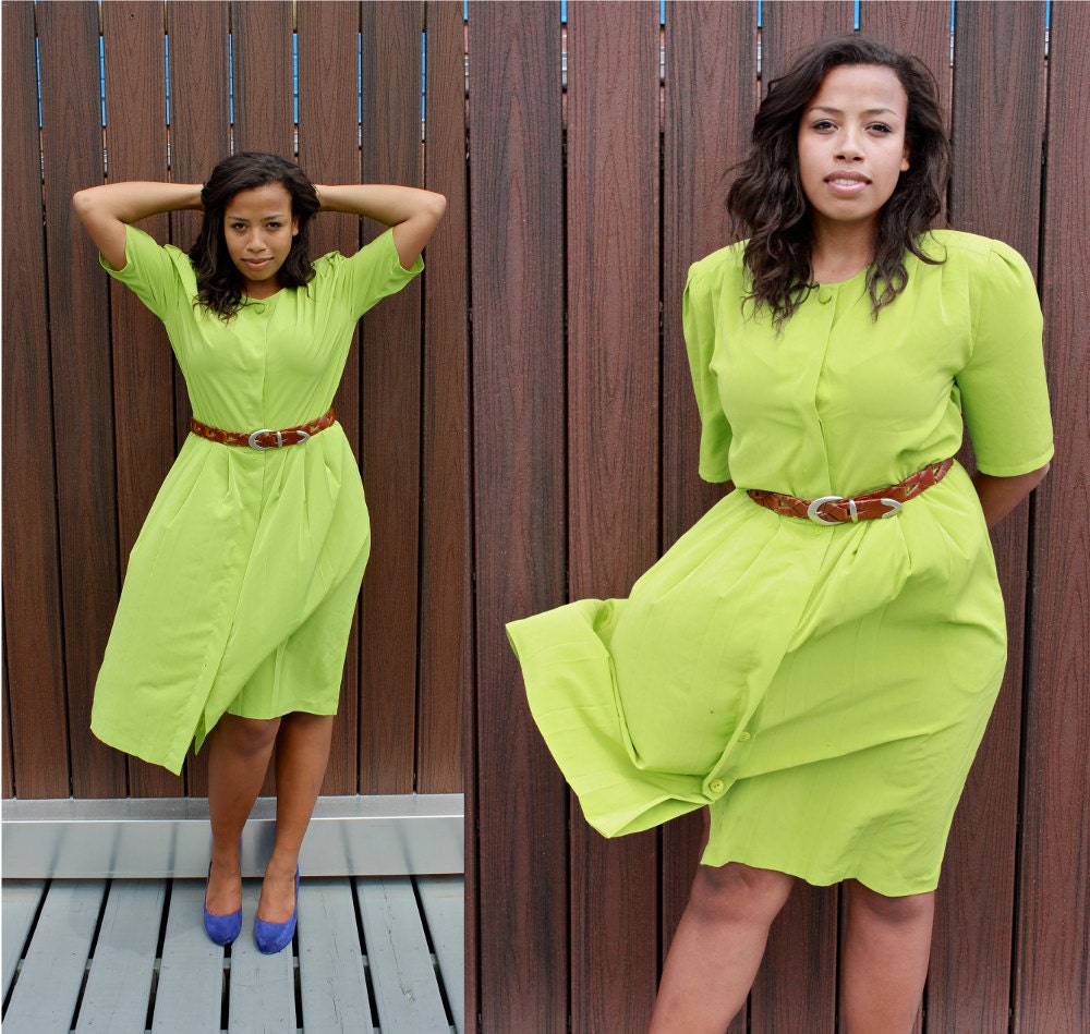 PLUS SIZE Day Dress 70s Bright Lime Green SAFARI Pleated Empire Waist Summer 1970s Sundress Womens Size Large xl xxl