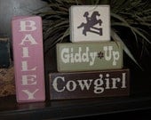 Giddy-Up COWGIRL Personalized Name Wood Sign Shelf Stacking Blocks Primitive Country Rustic Boys Kids Decor