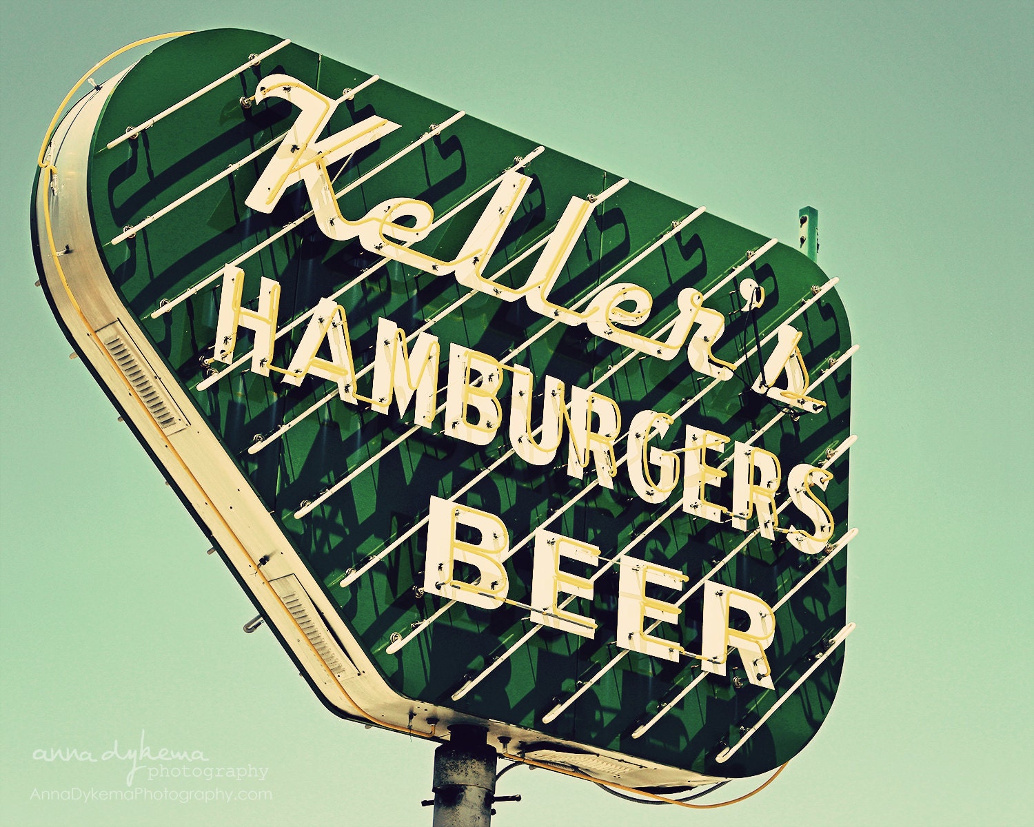 kitchen decor vintage sign midcentury modern neon retro geek aqua green ultramarine -  Keller's Hamburgers Beer - 8x10 Art Photography Prin