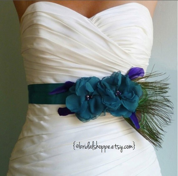 Wedding Sash Belt MALLORY - Two Teal Flowers on Teal Satin with Peacock Feathers