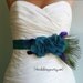 Wedding Sash Belt MALLORY - Two Teal Flowers on Teal Satin with Peacock Feathers