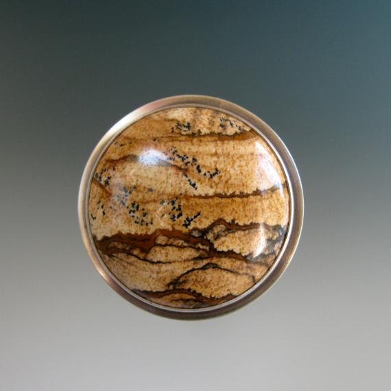 Handmade Sterling Silver Cocktail Statement Ring, Picture Jasper, Size 6.5 Ring, Minimalist Landscape Scenic Painting One of a Kind