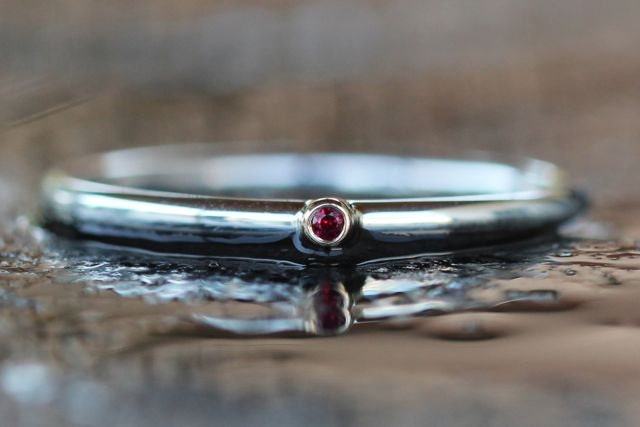 Ruby and 14K Yellow Gold and Sterling Silver Stacking Round Shank Ring 925 Handmade Size: 7