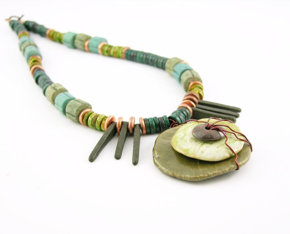 necklace ceramic and silver sage olive green teal lime copper wire wrapped spikes modern tribal southwestern unisex - PiaBarileJewelry