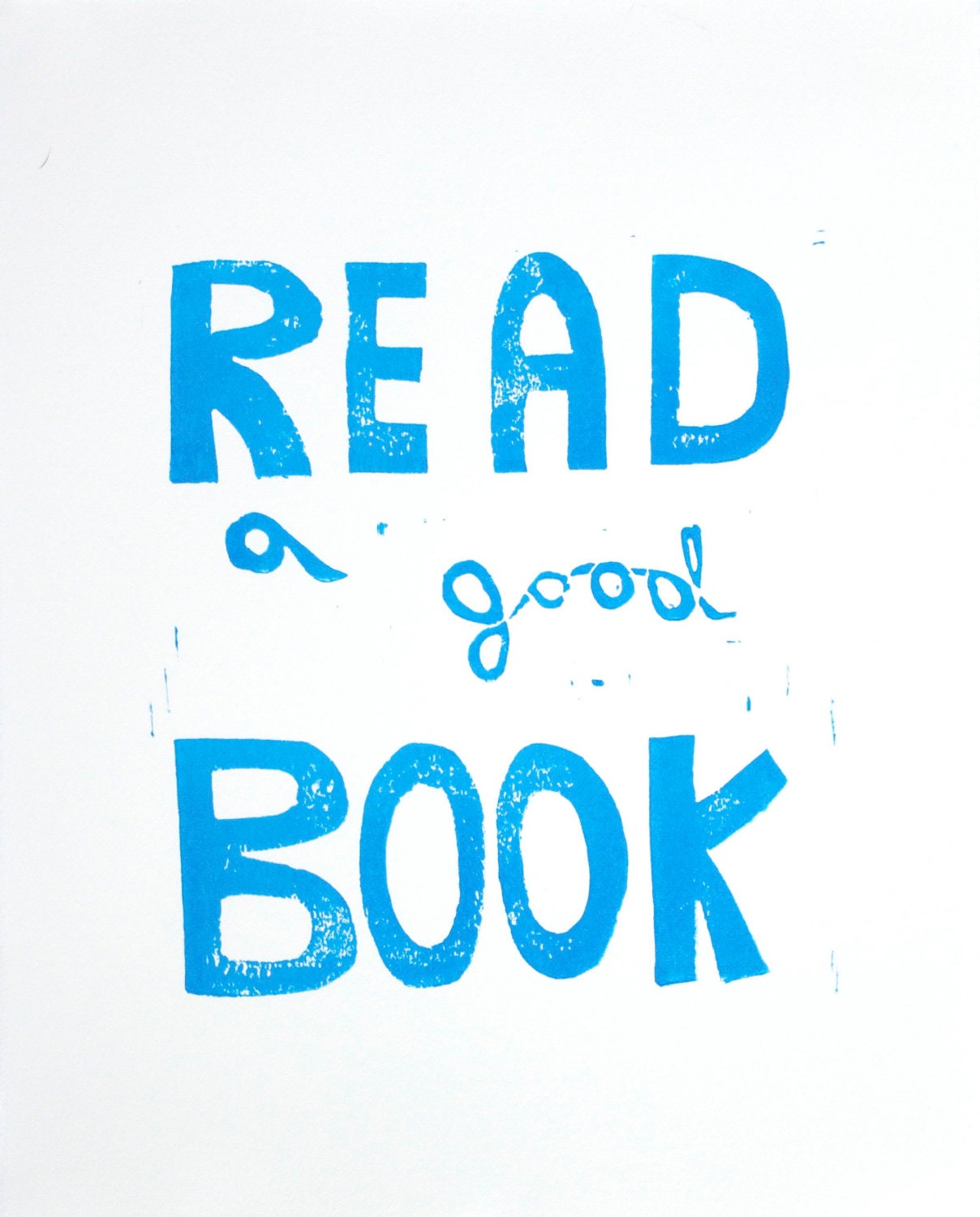 Back to School Read a Good Book Linocut PRINT Light Blue 8x10 on white paper - RetroModernArt