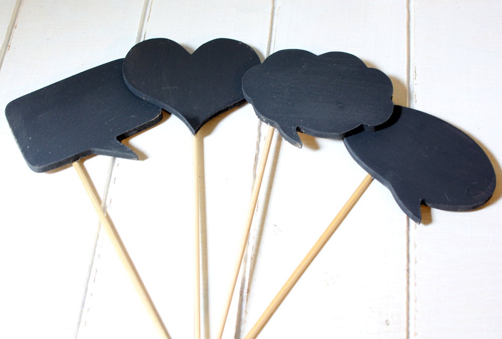 Mini Chalkboard Speech Bubbles wooden Set of 4 - Photo Booth Props on sticks for photo booth and more