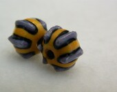 Handmade colored porcelain beads - purple striped yellow porcelain bead, pair