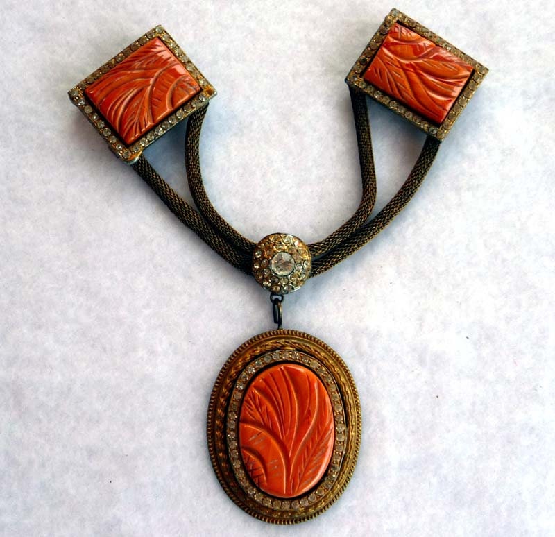 Orange Bakelite and Rhinestone Mesh Art Deco Cloak Clasp