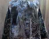 1900s Black Velvety Cape With Stand Up Collar Red Rich Satin Lining Beading and Trim Detail Victorian Goth