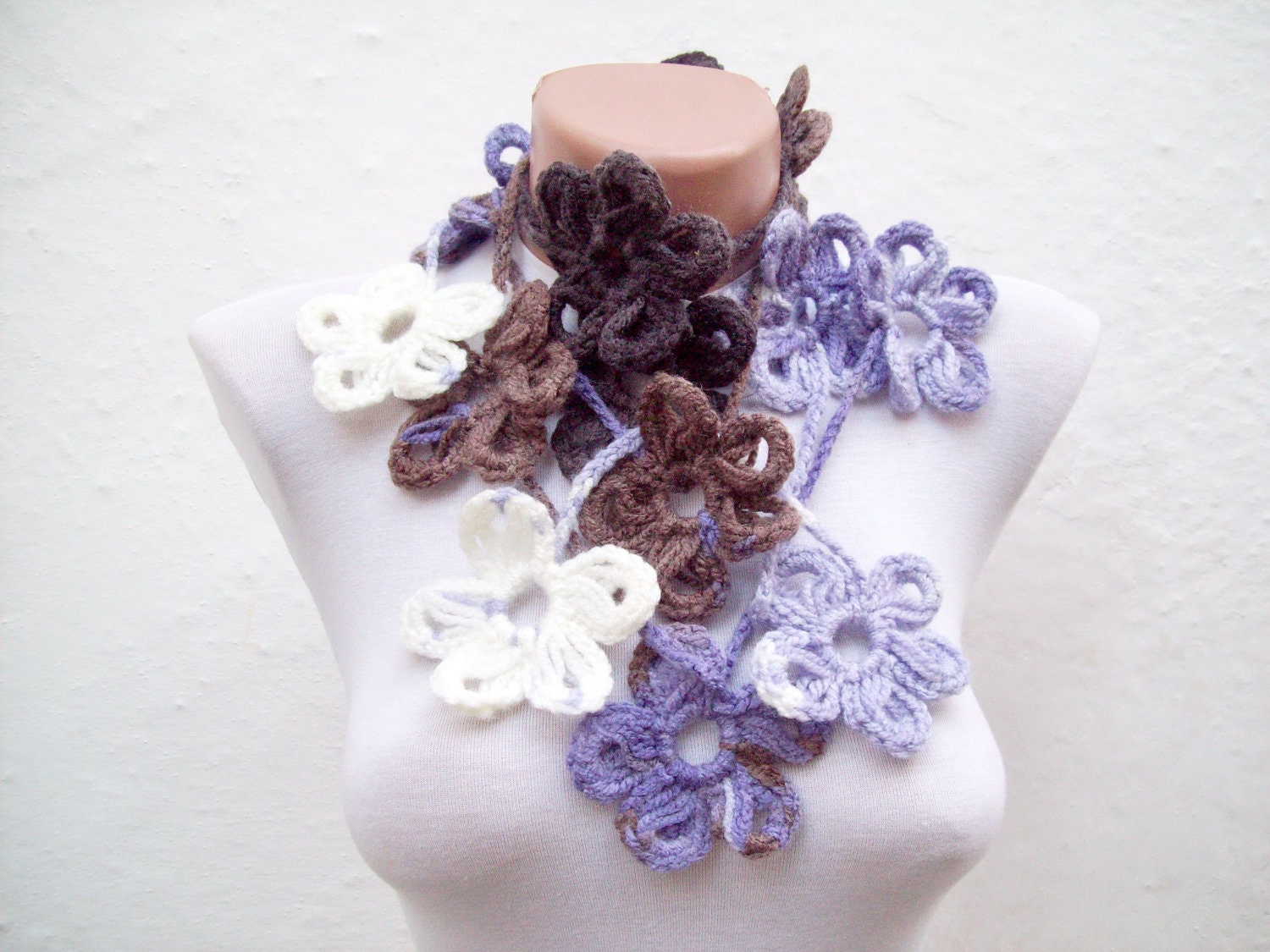 Handmade crochet Lariat Scarf Lilac Brown Purple White Flower Lariat Scarf Colorful Variegated Long Necklace Winter Fashion