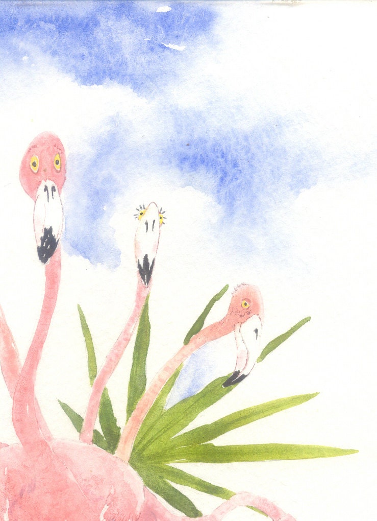 9 by 12 inch original watercolor Flamingo whimsy  bowman On The Pink Trail bird fun