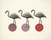 Three Flamingos - Nursery bird art, flamingo decor, kitsch art, nursery decor, kids room, pink and purple 8x10 Giclee print