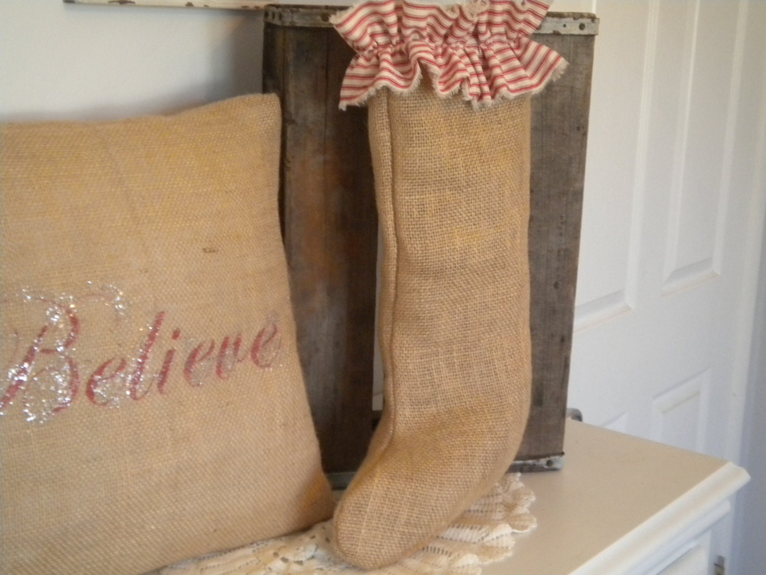 Burlap Christmas Stocking with Ticking Ruffle