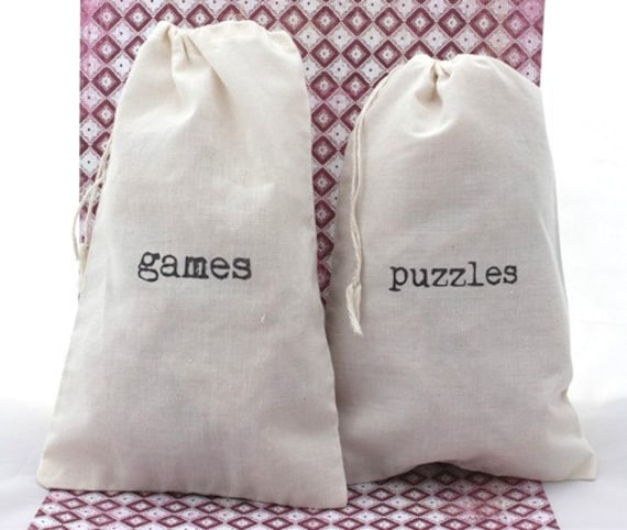 NEW - Set of 4 Game and Puzzle Bags - labeled games / puzzles - Cotton Drawstring Storage Sacks / Bags - Reusable and Perfect for storage Il_570xn