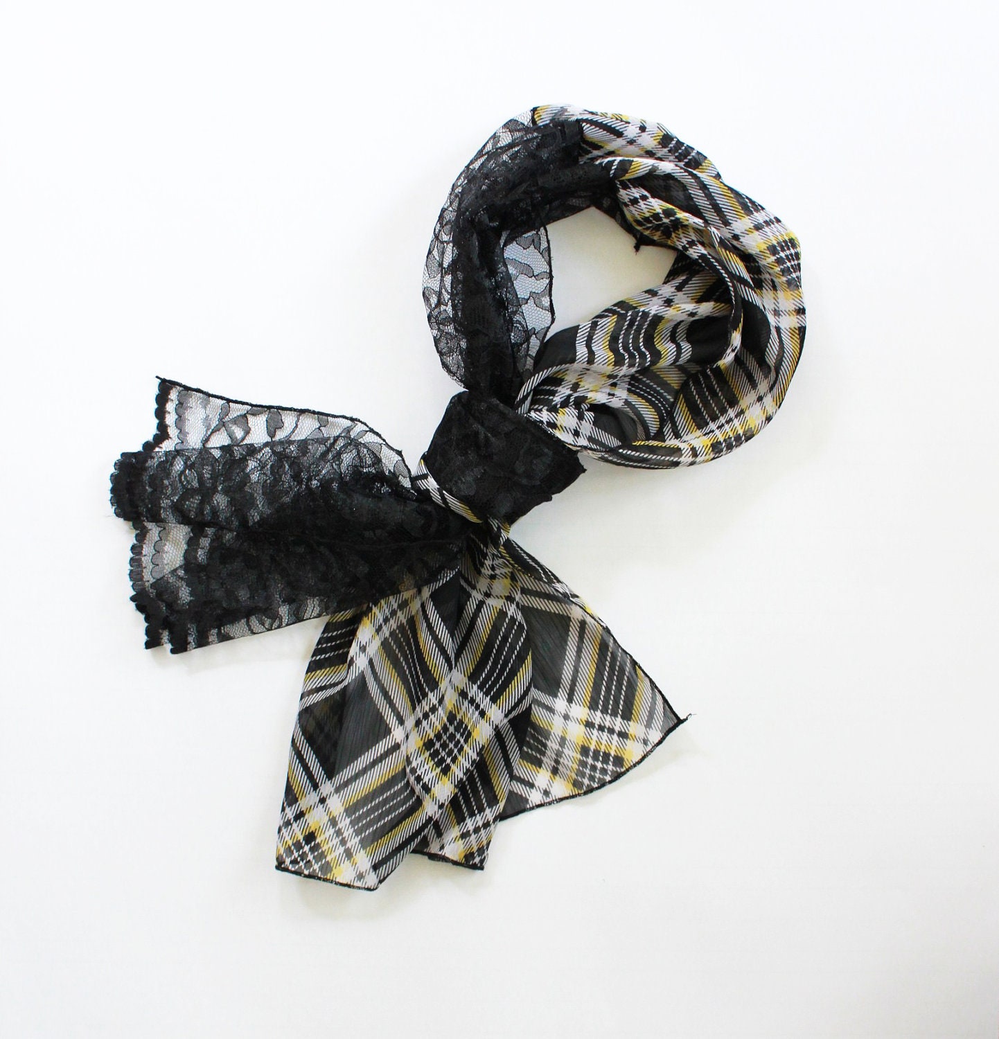 Plaid Lace Fabric Scarf - Yellow Black White