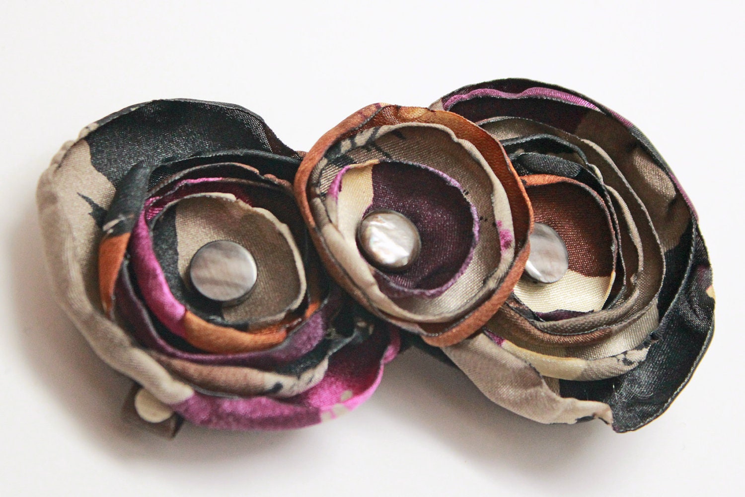 Abstract black purple tan and brown hair flower / fascinator / brooch / necklace