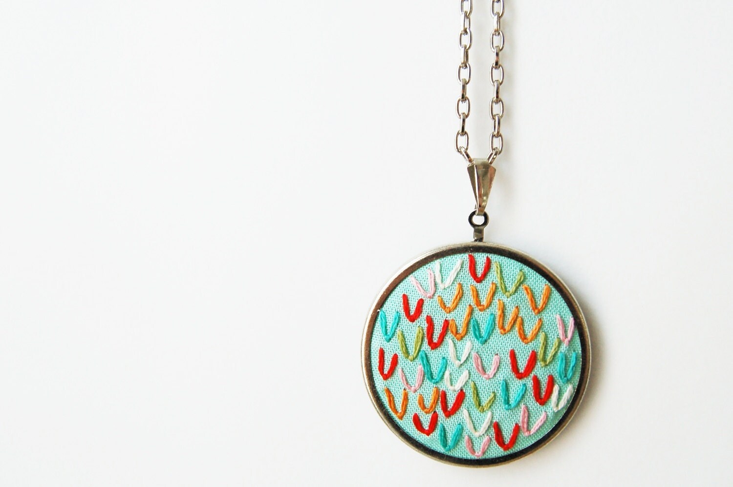 Hand Embroidered Necklace. Circle Pendant, 24 inch Chain. Rainbow, Colorful. One of a Kind. by merriweathercouncil on Etsy