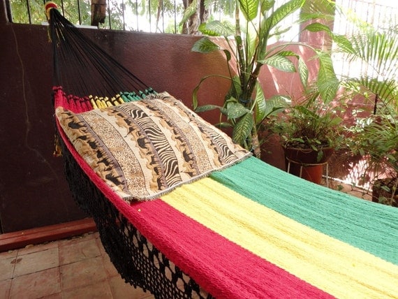 Rastafari Colors One, Single Hammock hand-woven Natural Cotton Simple Fringe