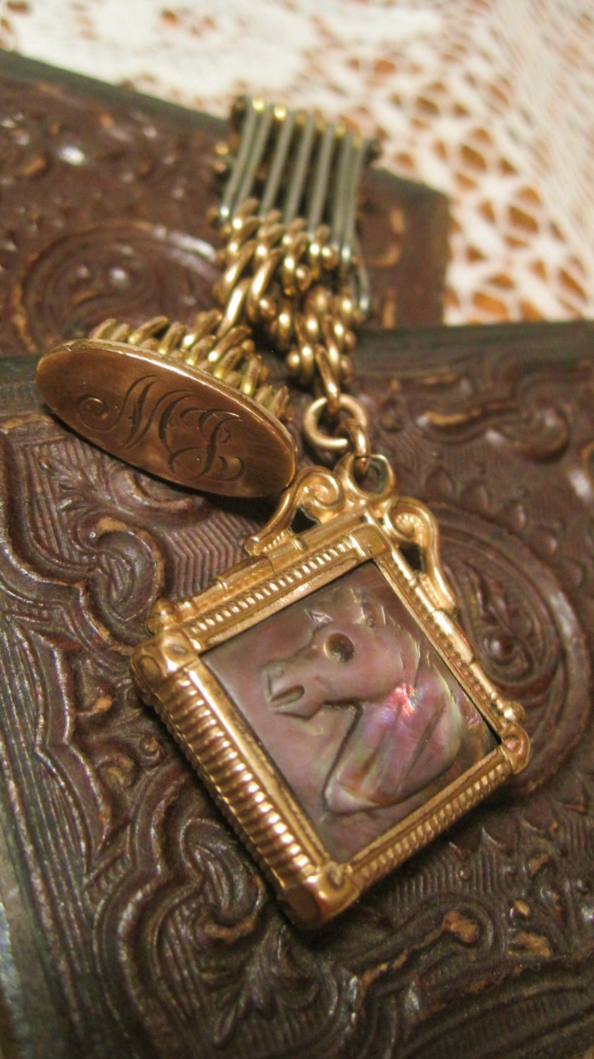 20% Off (cupon code APRILSHOWERS2) Gorgeous Victorian Goldfilled Watchfobs Mop Carved Horse Fob and Initial Fob Seal Monogrammed MJ