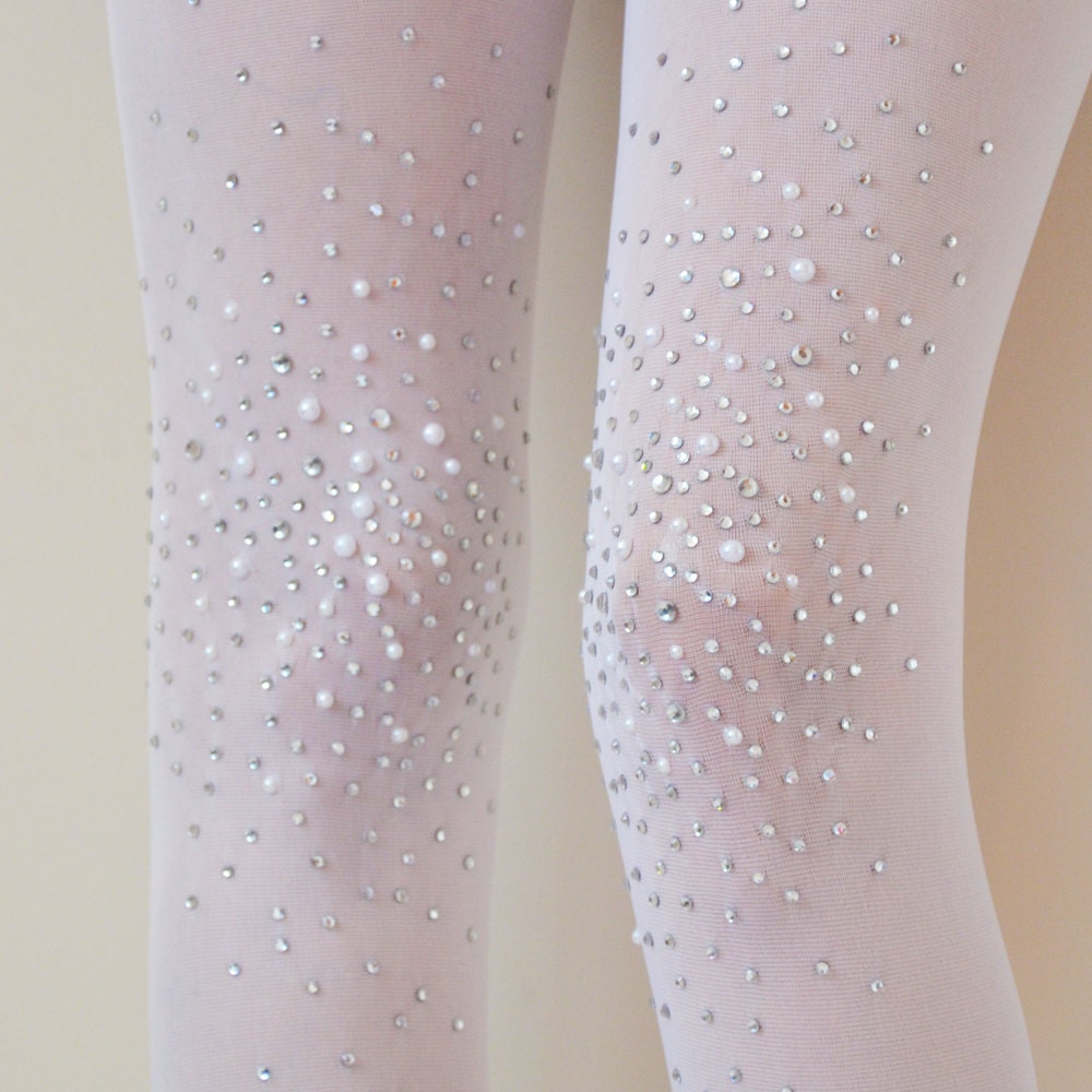 Frost White Bridal Opaque Studded Tights- Bridal Pantyhose- with Rhinestones and pearls